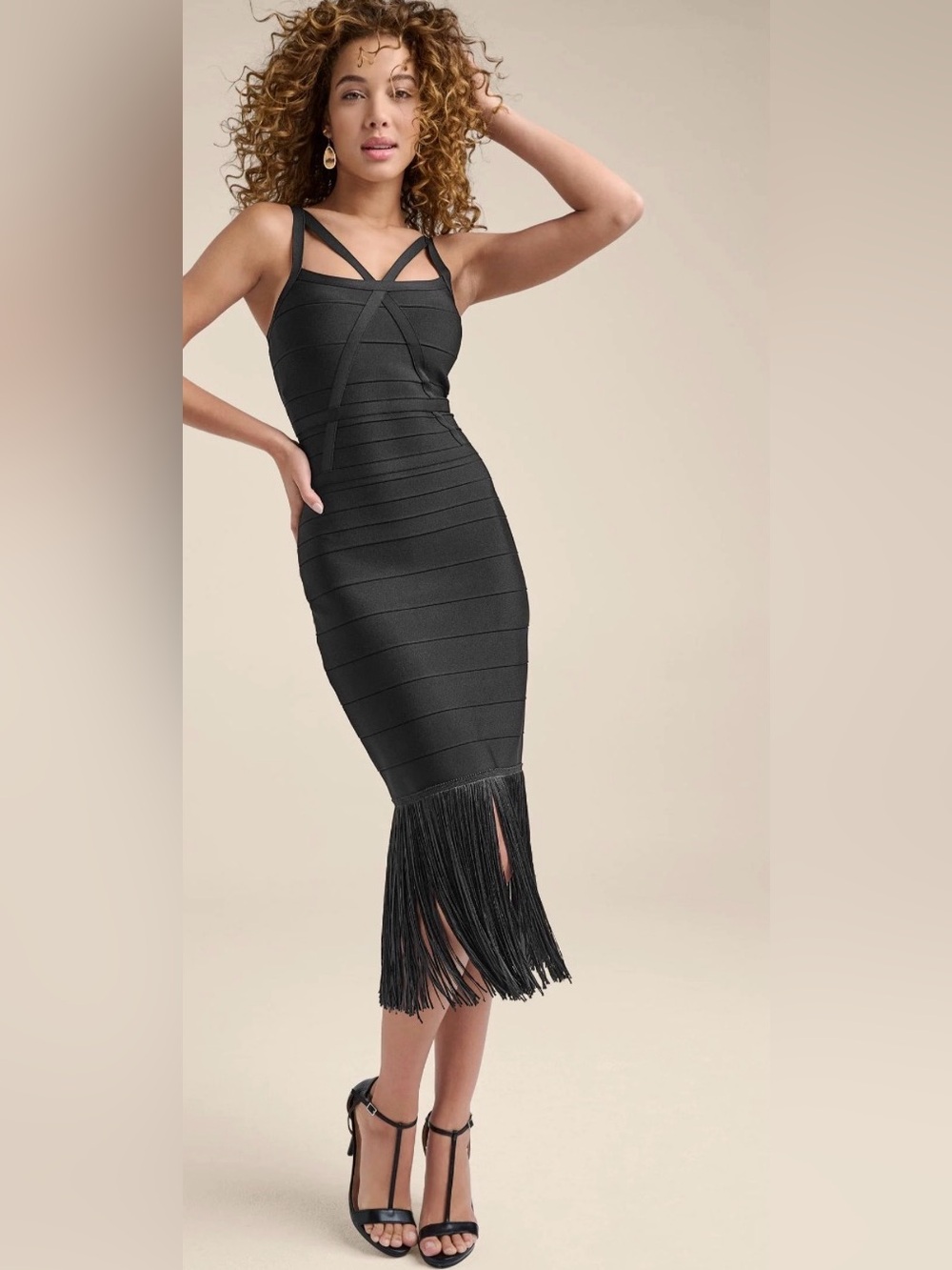 VENUS Black Bandage Fringe Strappy Geometric Neckline Bodycon Midi Dress NWT S